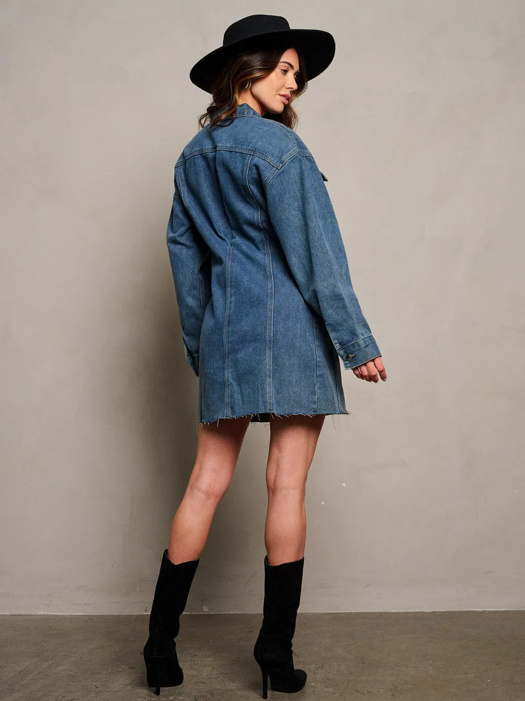 WOMEN'S LONG SLEEVE POCKETS BUTTON UP DENIM MINI DRESS