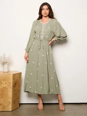 WOMEN'S LONG SLEEVE V-NECK BUTTON UP EMBROIDERY MAXI DRESS