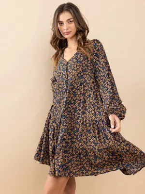 WOMEN'S LONG SLEEVE V-NECK BUTTON UP TIERED TUNIC FLORAL PRINT MINI DRESS