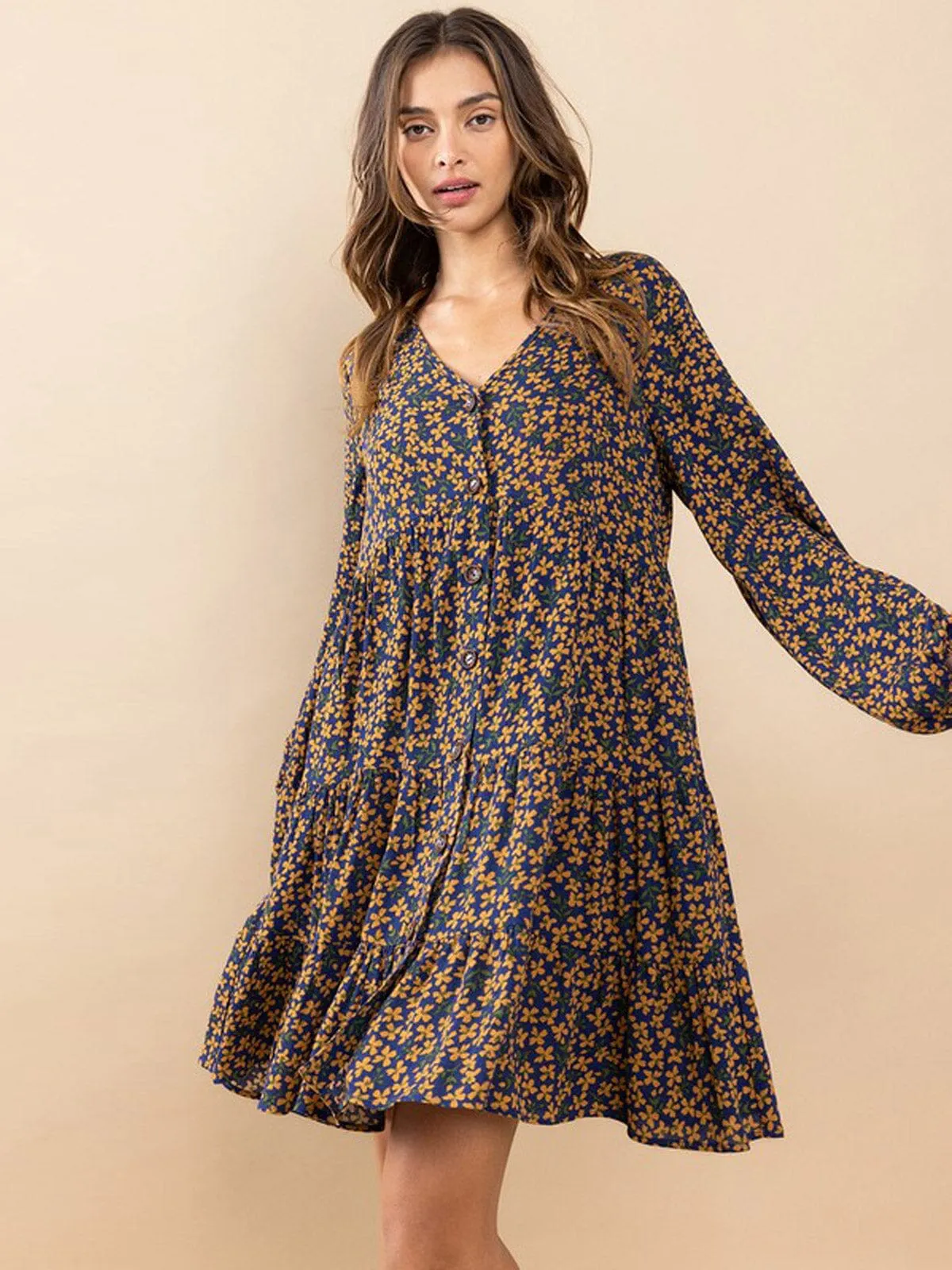 WOMEN'S LONG SLEEVE V-NECK BUTTON UP TIERED TUNIC FLORAL PRINT MINI DRESS