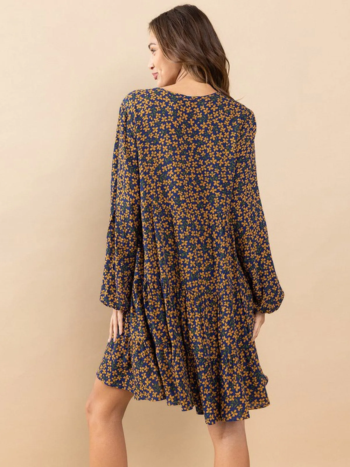 WOMEN'S LONG SLEEVE V-NECK BUTTON UP TIERED TUNIC FLORAL PRINT MINI DRESS