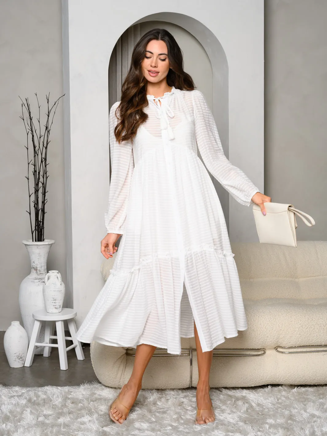 WOMEN'S LONG SLEEVES BUTTON UP NECK TIE TIERED MAXI DRESS
