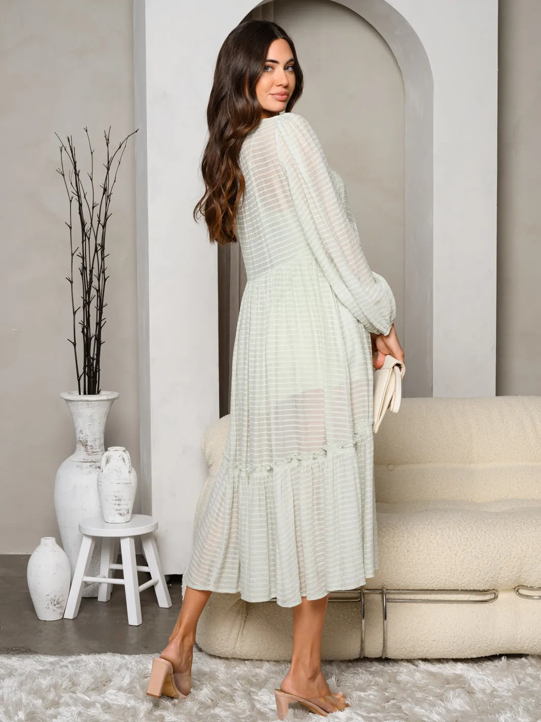 WOMEN'S LONG SLEEVES BUTTON UP NECK TIE TIERED MAXI DRESS