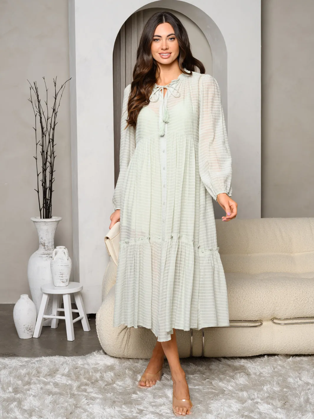 WOMEN'S LONG SLEEVES BUTTON UP NECK TIE TIERED MAXI DRESS