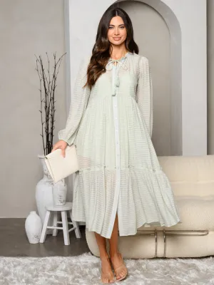 WOMEN'S LONG SLEEVES BUTTON UP NECK TIE TIERED MAXI DRESS