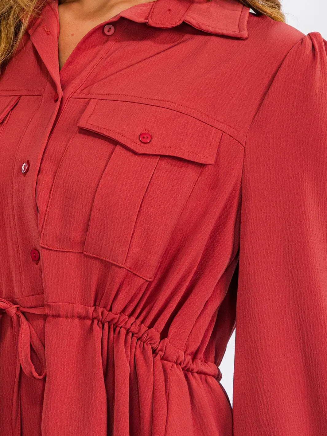 WOMEN'S LONG SLEEVES BUTTON UP SELF TIE WAIST MINI DRESS
