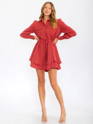 WOMEN'S LONG SLEEVES BUTTON UP SELF TIE WAIST MINI DRESS
