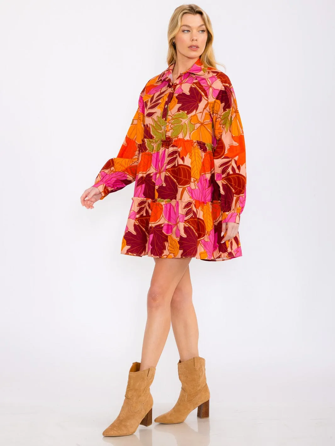 WOMEN'S LONG SLEEVES TIERED BUTTON UP POCKETS FLORAL MINI DRESS