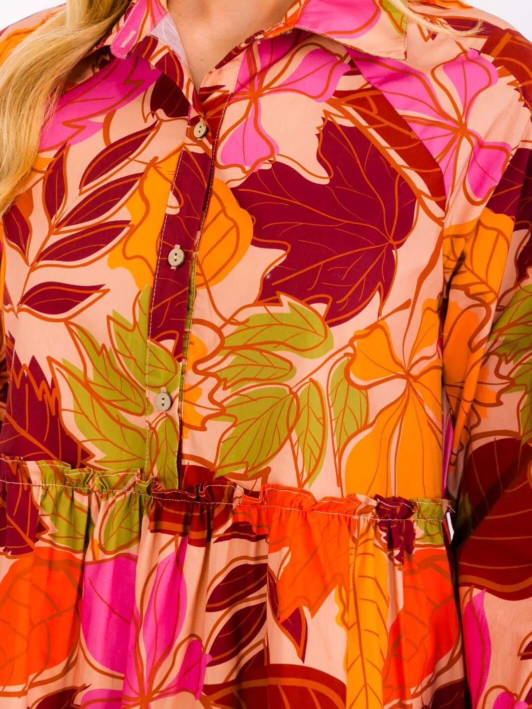 WOMEN'S LONG SLEEVES TIERED BUTTON UP POCKETS FLORAL MINI DRESS