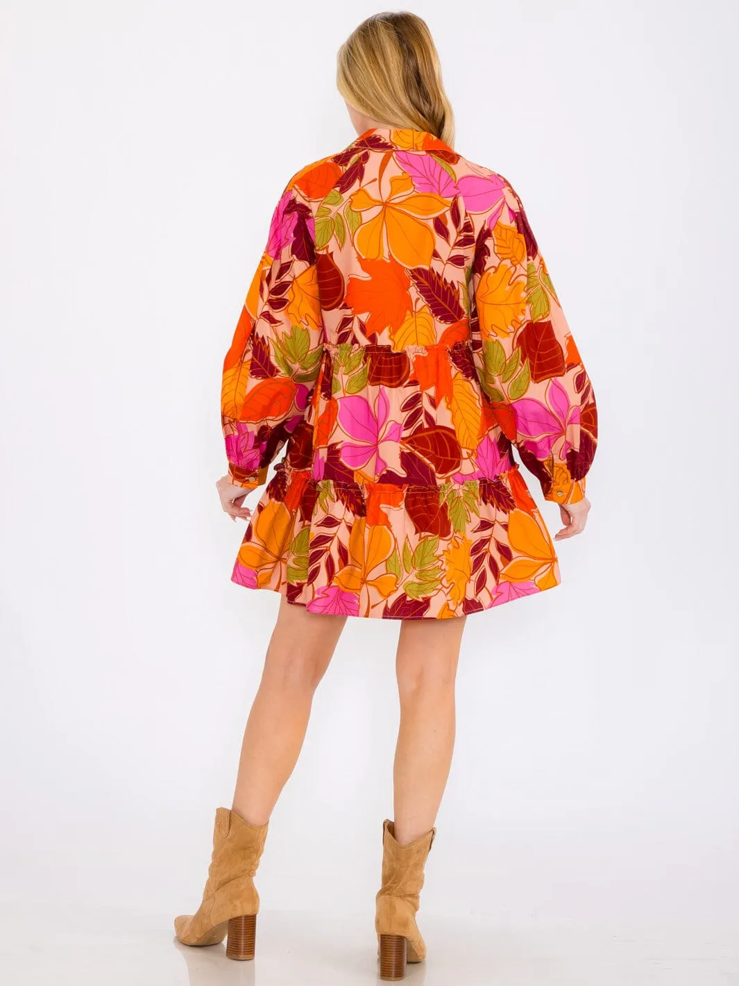 WOMEN'S LONG SLEEVES TIERED BUTTON UP POCKETS FLORAL MINI DRESS