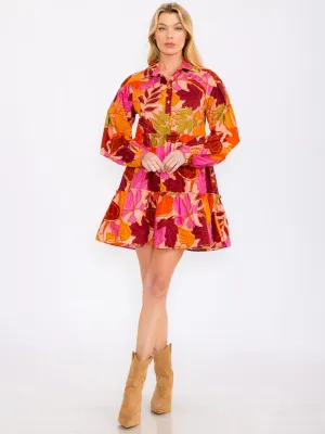 WOMEN'S LONG SLEEVES TIERED BUTTON UP POCKETS FLORAL MINI DRESS