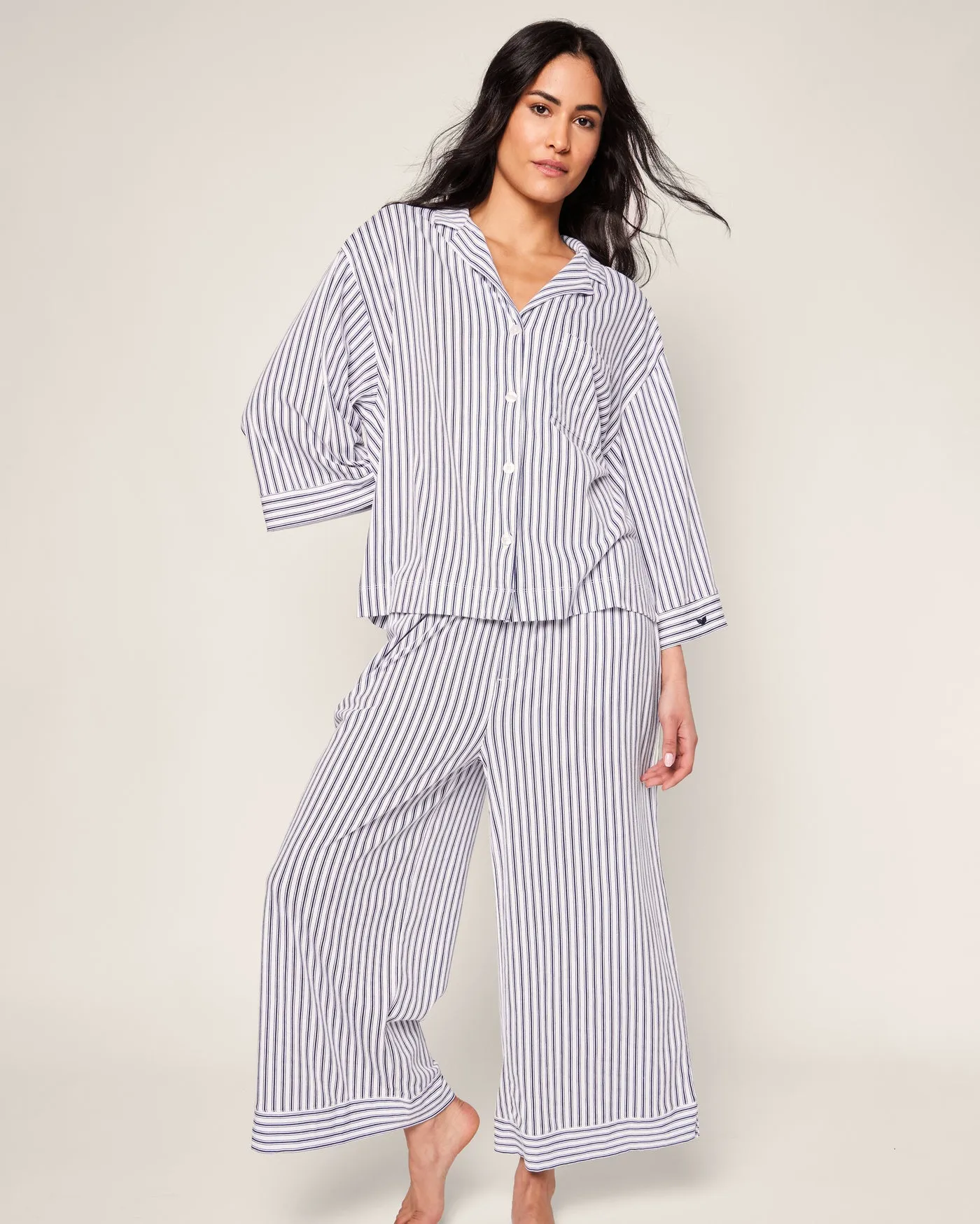 Women's Navy Ticking Olivia Wide Leg Pima Pajama Set