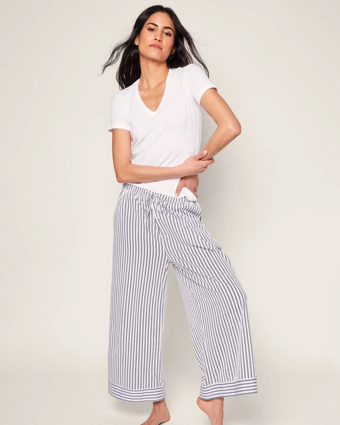 Women's Navy Ticking Olivia Wide Leg Pima Pajama Set