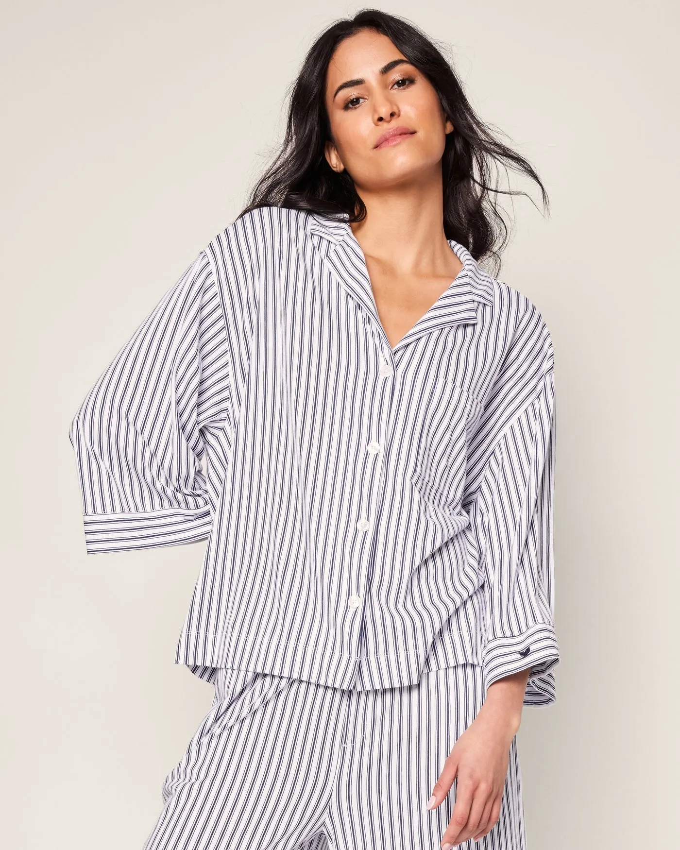 Women's Navy Ticking Olivia Wide Leg Pima Pajama Set