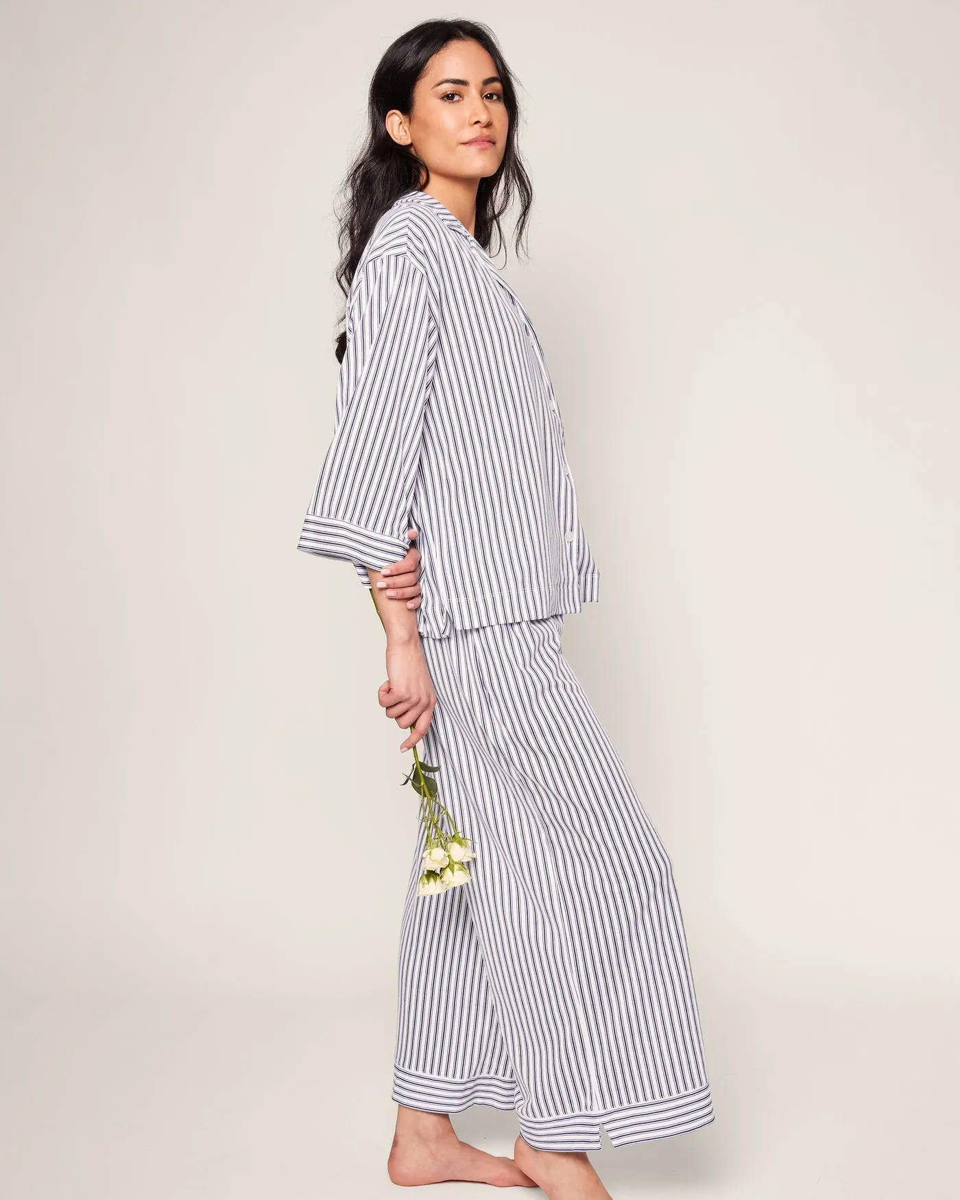 Women's Navy Ticking Olivia Wide Leg Pima Pajama Set