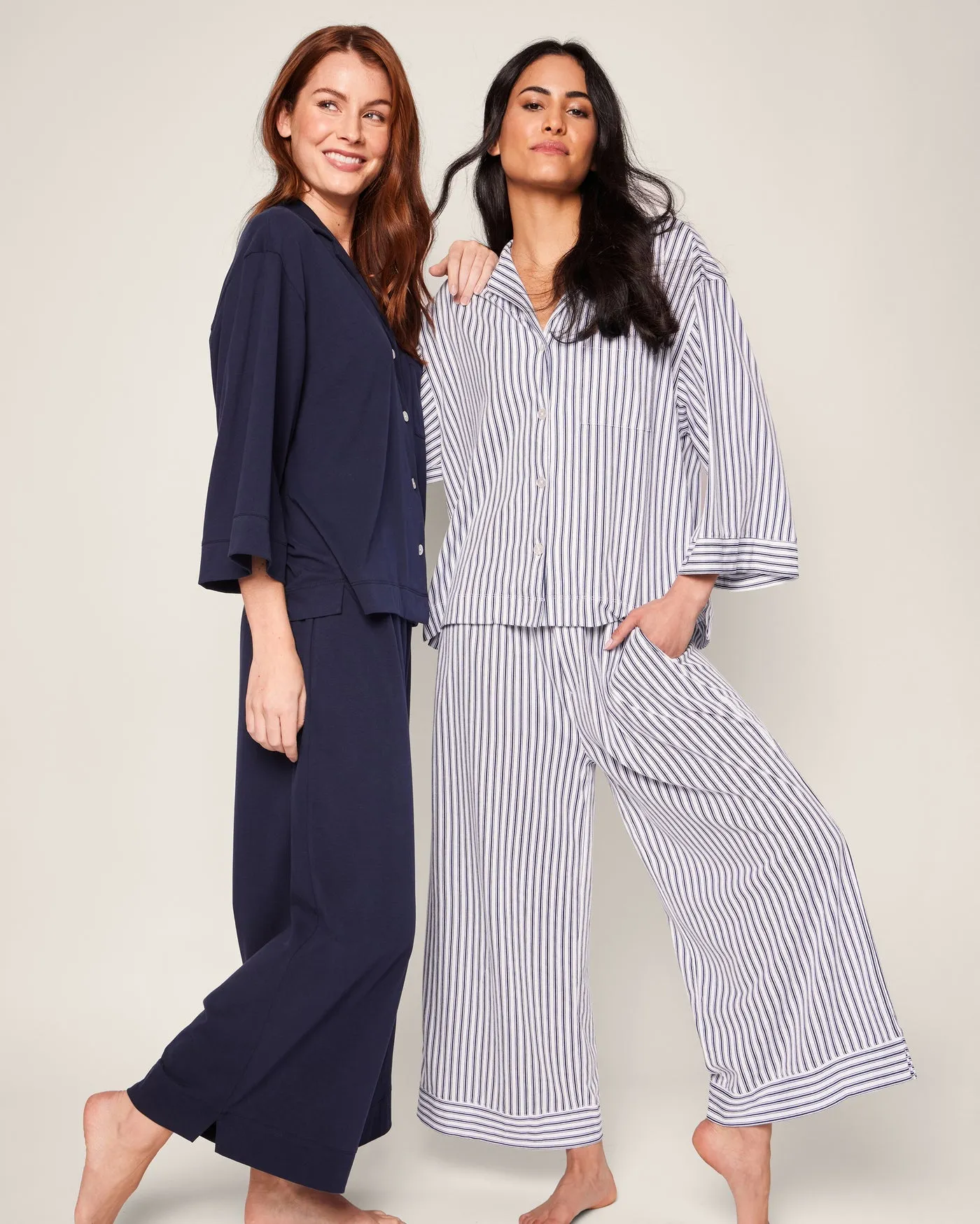 Women's Navy Ticking Olivia Wide Leg Pima Pajama Set