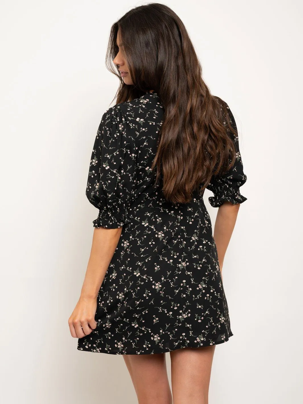 WOMEN'S PUFF SLEEVE BUTTON FRONT DETAIL MINI DRESS