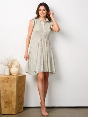 WOMEN'S RUFFLE SLEEVE BUTTON UP SMOCK FLORAL MINI DRESS