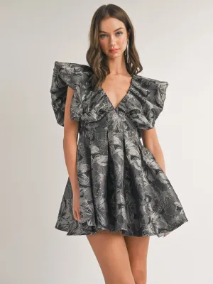 WOMEN'S RUFFLE SLEEVE V-NECK FIT & FLARE FLORAL MINI DRESS