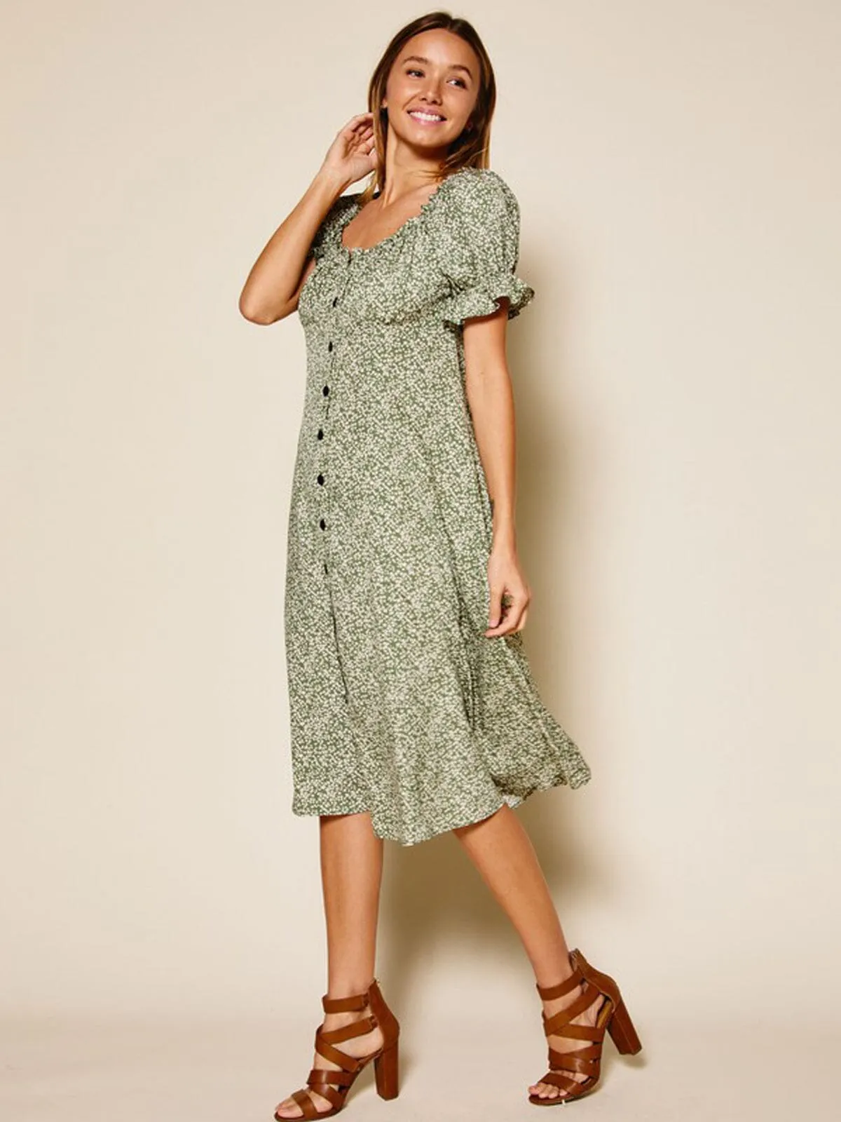 WOMEN'S SHORT PUFF SLEEVE BUTTON UP FLORAL MIDI DRESS