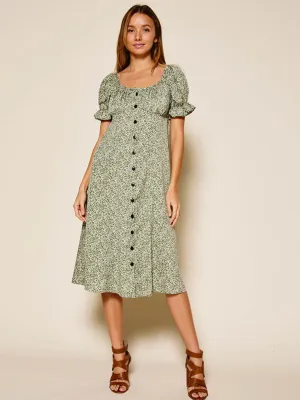 WOMEN'S SHORT PUFF SLEEVE BUTTON UP FLORAL MIDI DRESS
