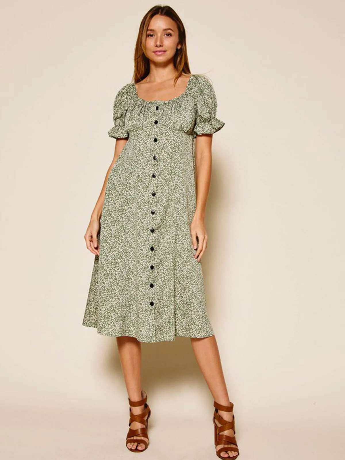 WOMEN'S SHORT PUFF SLEEVE BUTTON UP FLORAL MIDI DRESS