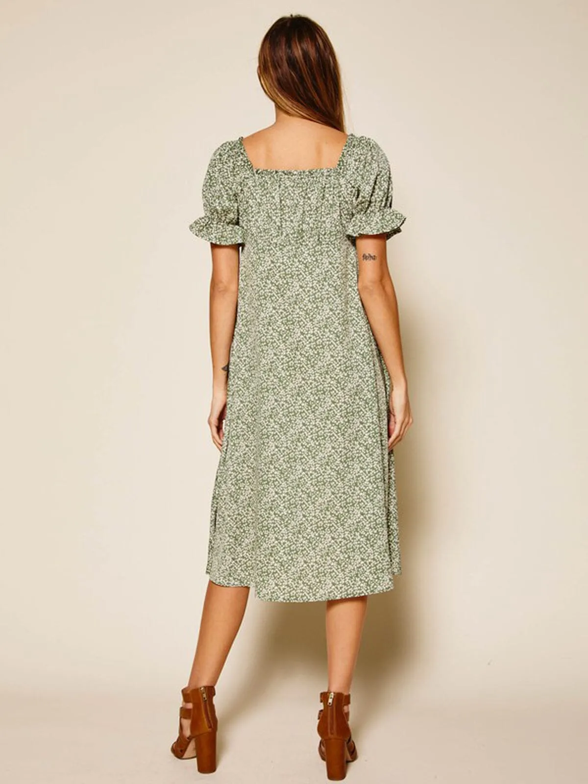 WOMEN'S SHORT PUFF SLEEVE BUTTON UP FLORAL MIDI DRESS