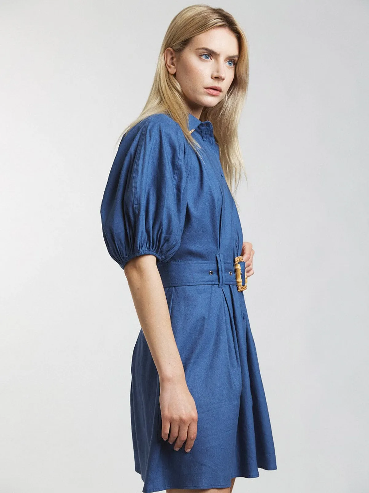 WOMEN'S SHORT PUFF SLEEVE BUTTON UP FRONT BELT MINI DRESS