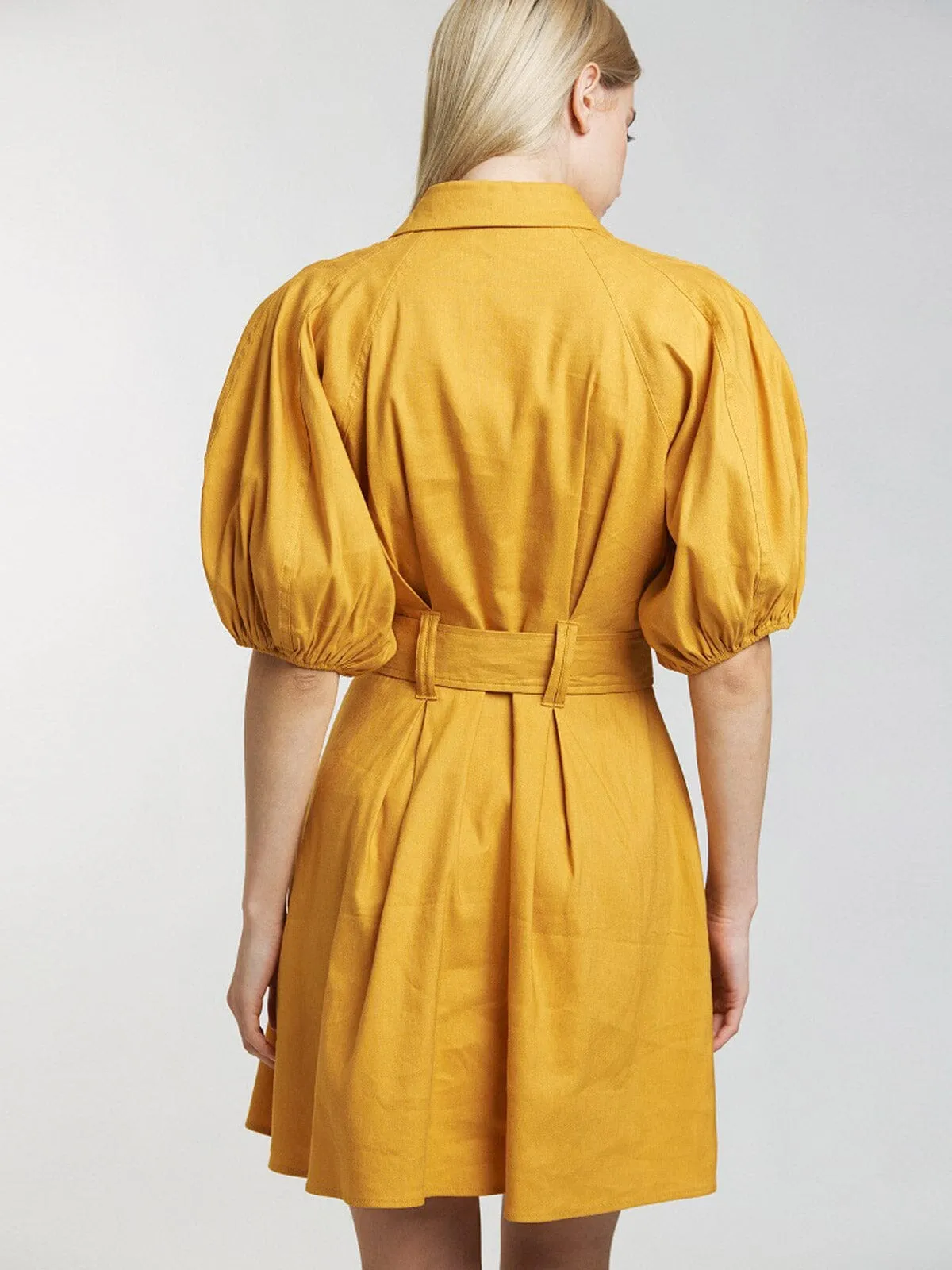 WOMEN'S SHORT PUFF SLEEVE BUTTON UP FRONT BELT MINI DRESS