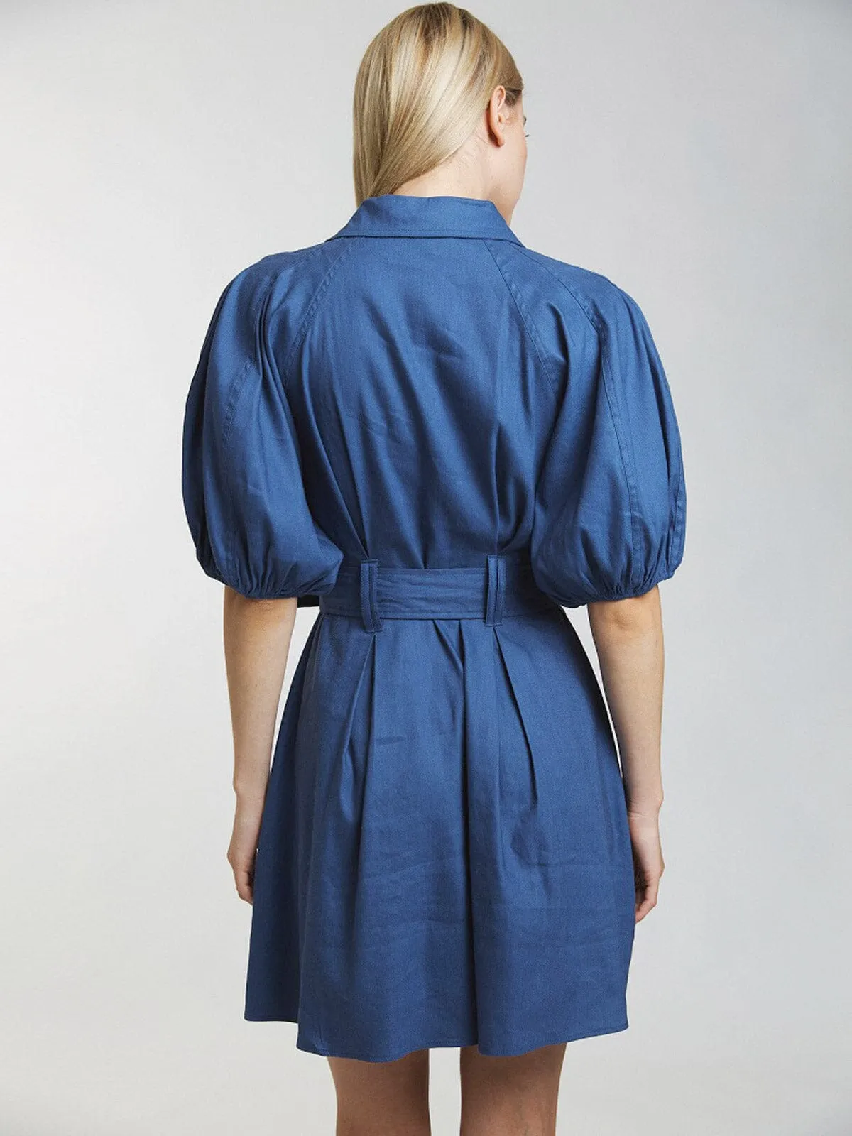WOMEN'S SHORT PUFF SLEEVE BUTTON UP FRONT BELT MINI DRESS