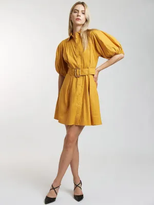 WOMEN'S SHORT PUFF SLEEVE BUTTON UP FRONT BELT MINI DRESS