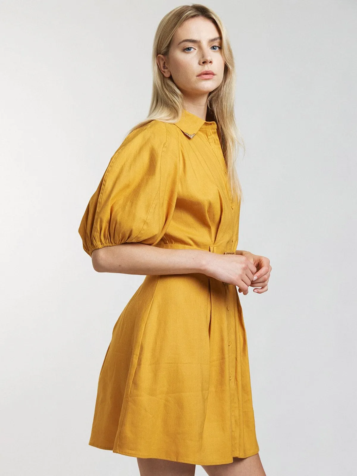 WOMEN'S SHORT PUFF SLEEVE BUTTON UP FRONT BELT MINI DRESS