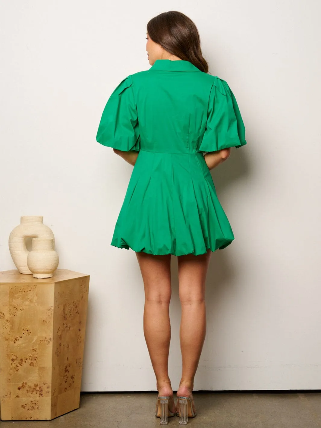 WOMEN'S SHORT PUFF SLEEVE BUTTON UP MINI DRESS