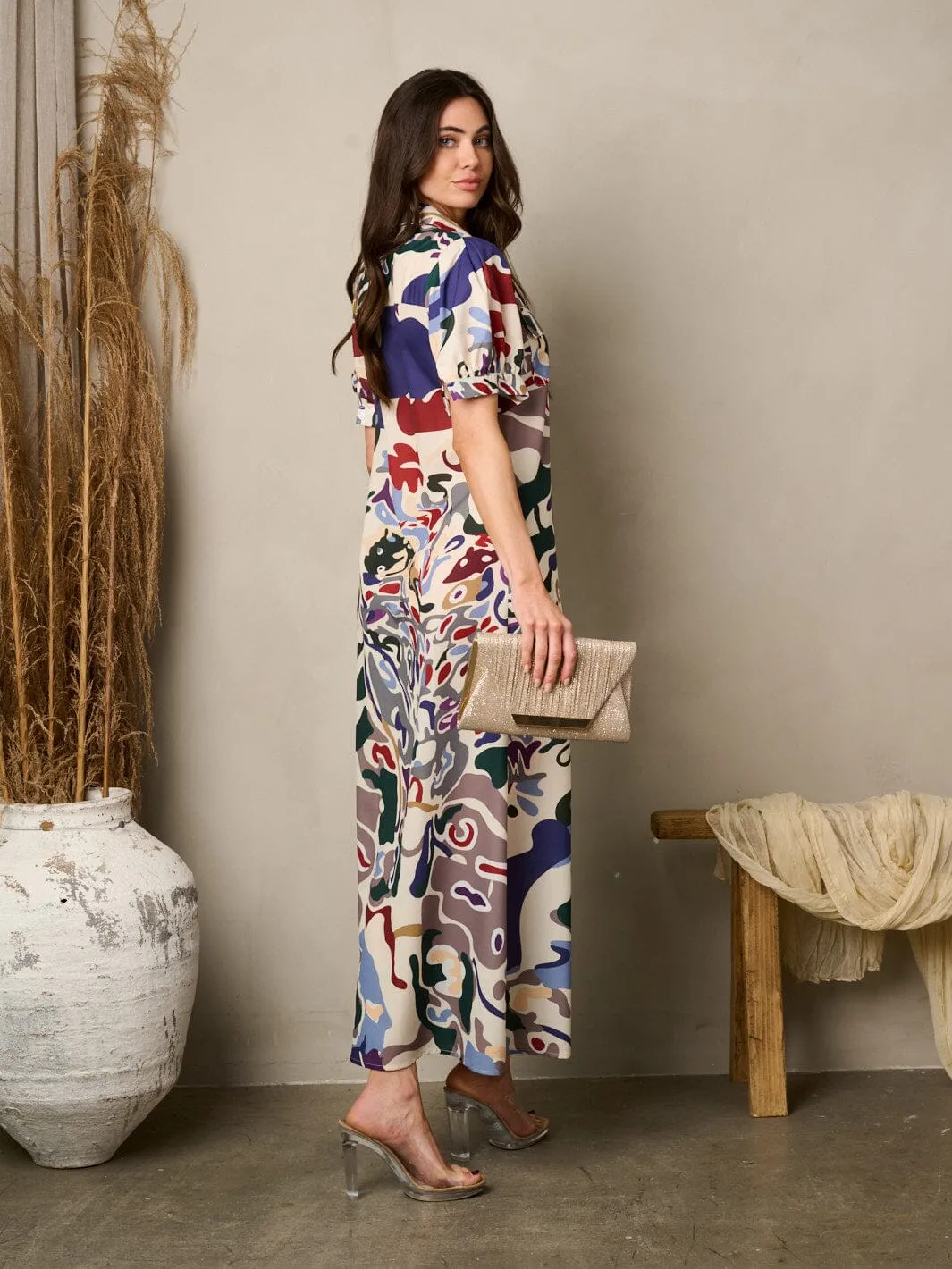 WOMEN'S SHORT PUFF SLEEVE BUTTON UP POCKETS PRINTED MAXI DRESS