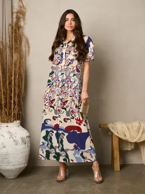 WOMEN'S SHORT PUFF SLEEVE BUTTON UP POCKETS PRINTED MAXI DRESS