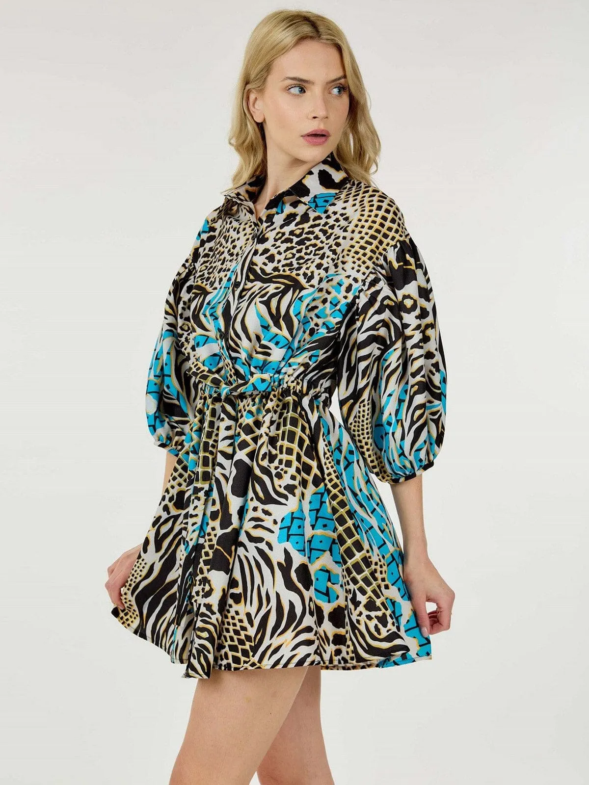 WOMEN'S SHORT PUFF SLEEVE BUTTON UP SELF TIE MULTI PRINT MINI DRESS