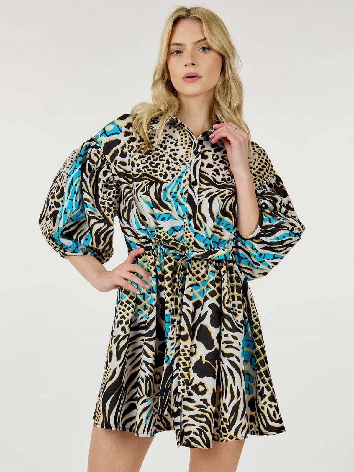 WOMEN'S SHORT PUFF SLEEVE BUTTON UP SELF TIE MULTI PRINT MINI DRESS