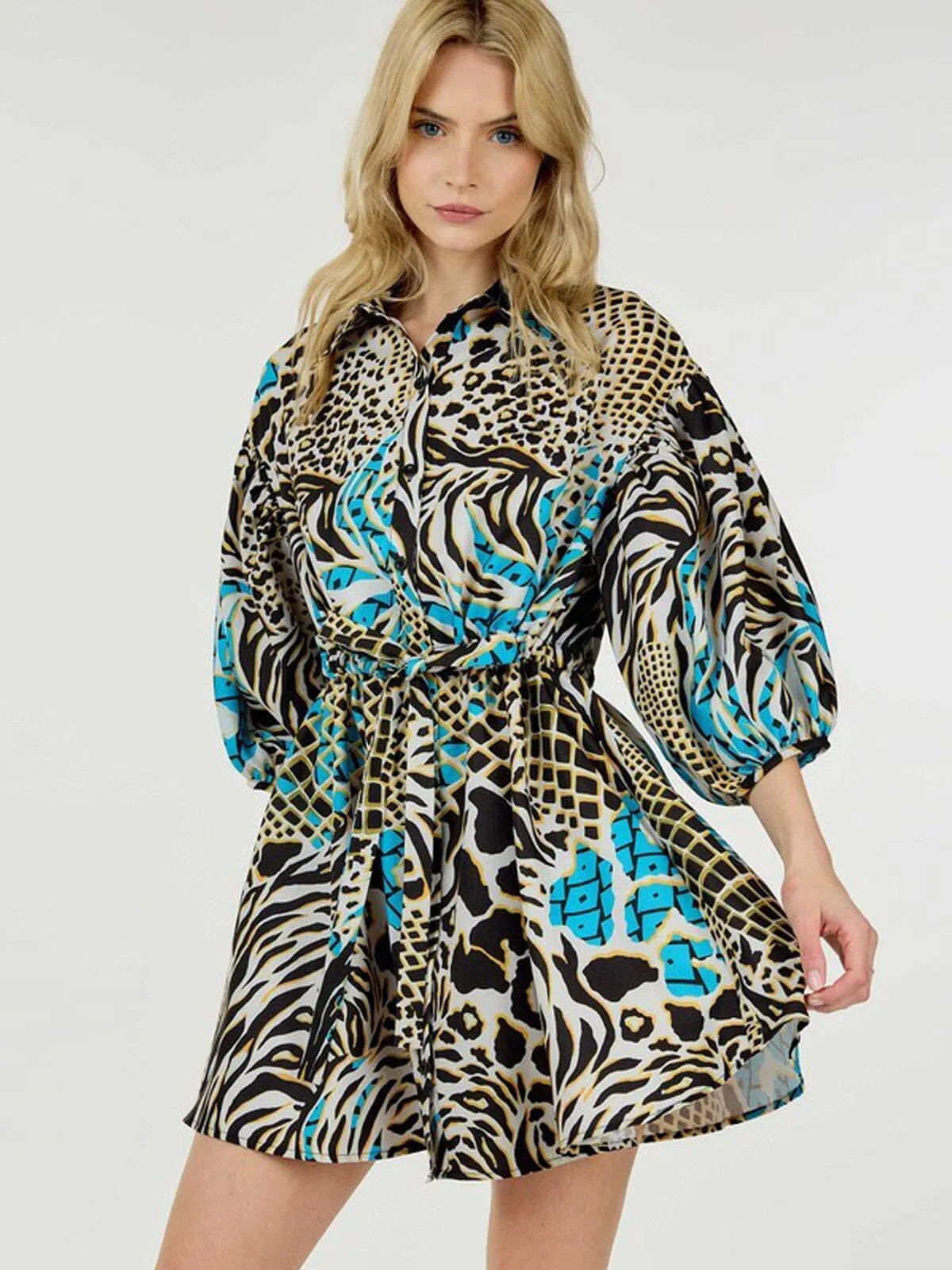 WOMEN'S SHORT PUFF SLEEVE BUTTON UP SELF TIE MULTI PRINT MINI DRESS