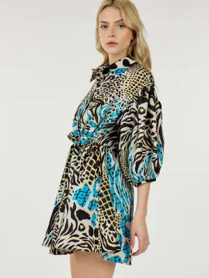 WOMEN'S SHORT PUFF SLEEVE BUTTON UP SELF TIE MULTI PRINT MINI DRESS