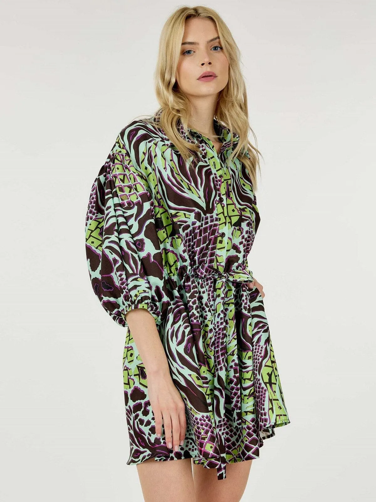 WOMEN'S SHORT PUFF SLEEVE BUTTON UP SELF TIE MULTI PRINT MINI DRESS