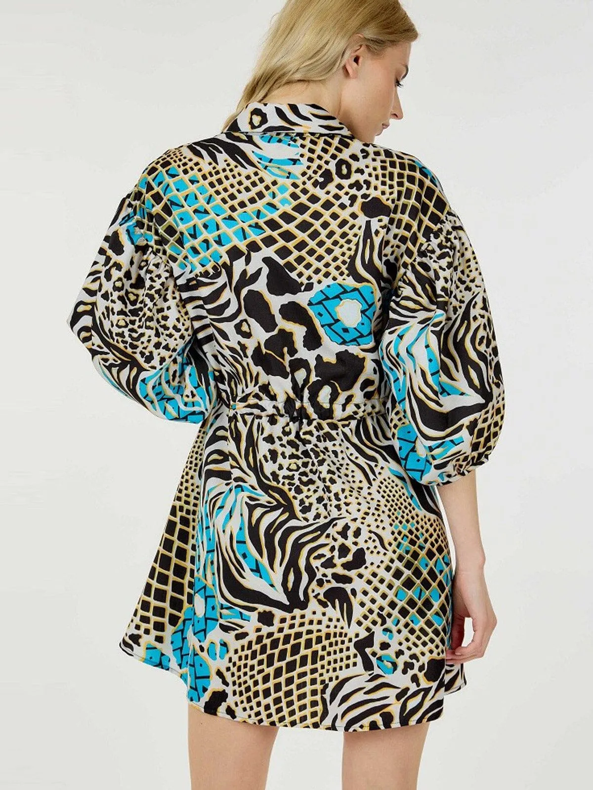 WOMEN'S SHORT PUFF SLEEVE BUTTON UP SELF TIE MULTI PRINT MINI DRESS