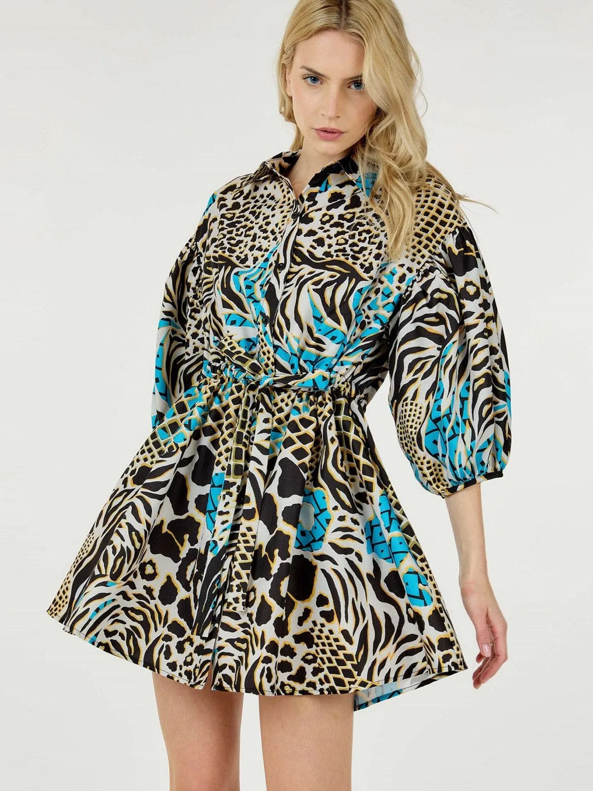WOMEN'S SHORT PUFF SLEEVE BUTTON UP SELF TIE MULTI PRINT MINI DRESS