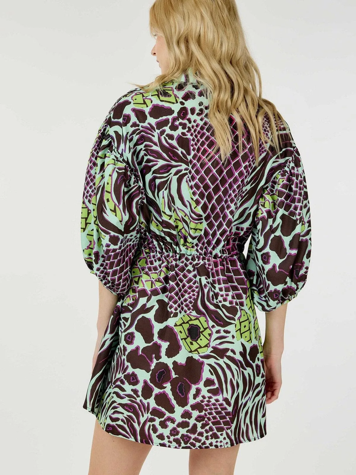 WOMEN'S SHORT PUFF SLEEVE BUTTON UP SELF TIE MULTI PRINT MINI DRESS