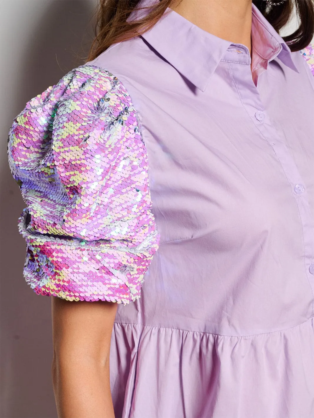 WOMEN'S SHORT PUFF SLEEVE BUTTON UP SEQUINS MINI DRESS