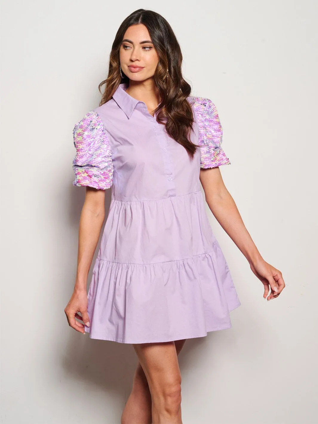 WOMEN'S SHORT PUFF SLEEVE BUTTON UP SEQUINS MINI DRESS