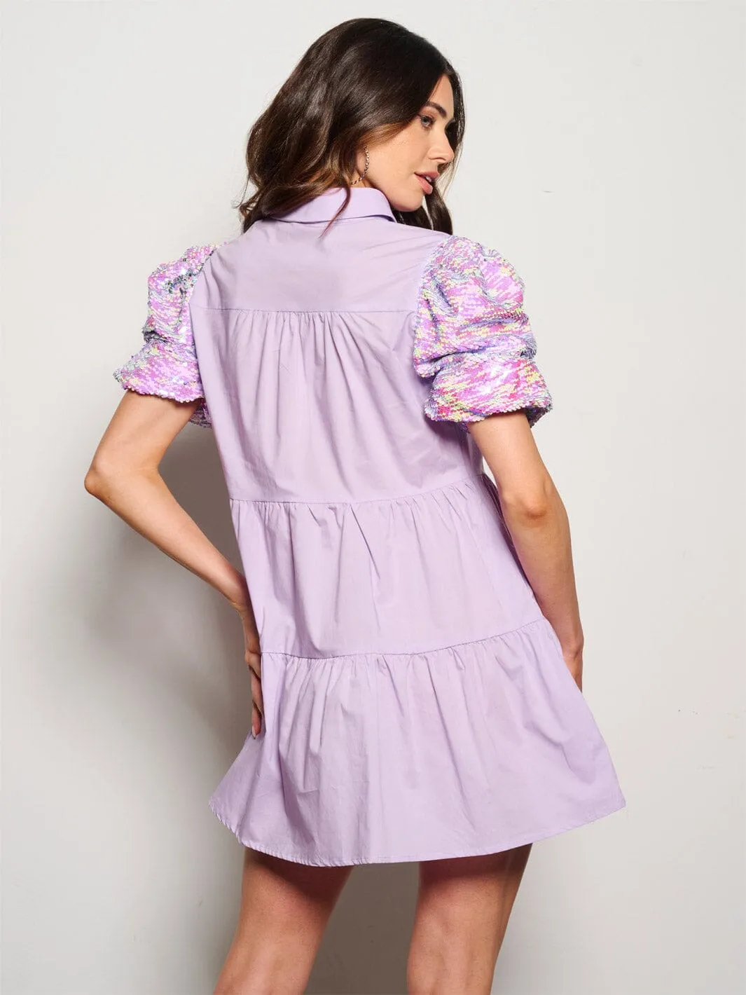 WOMEN'S SHORT PUFF SLEEVE BUTTON UP SEQUINS MINI DRESS
