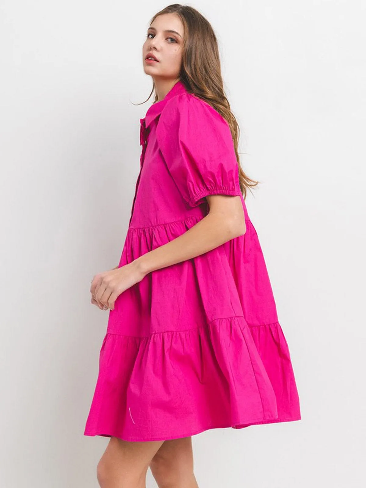 WOMEN'S SHORT PUFF SLEEVE BUTTON UP TIERED TUNIC MINI DRESS