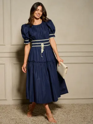WOMEN'S SHORT PUFF SLEEVE FIT & FLARE MAXI DRESS