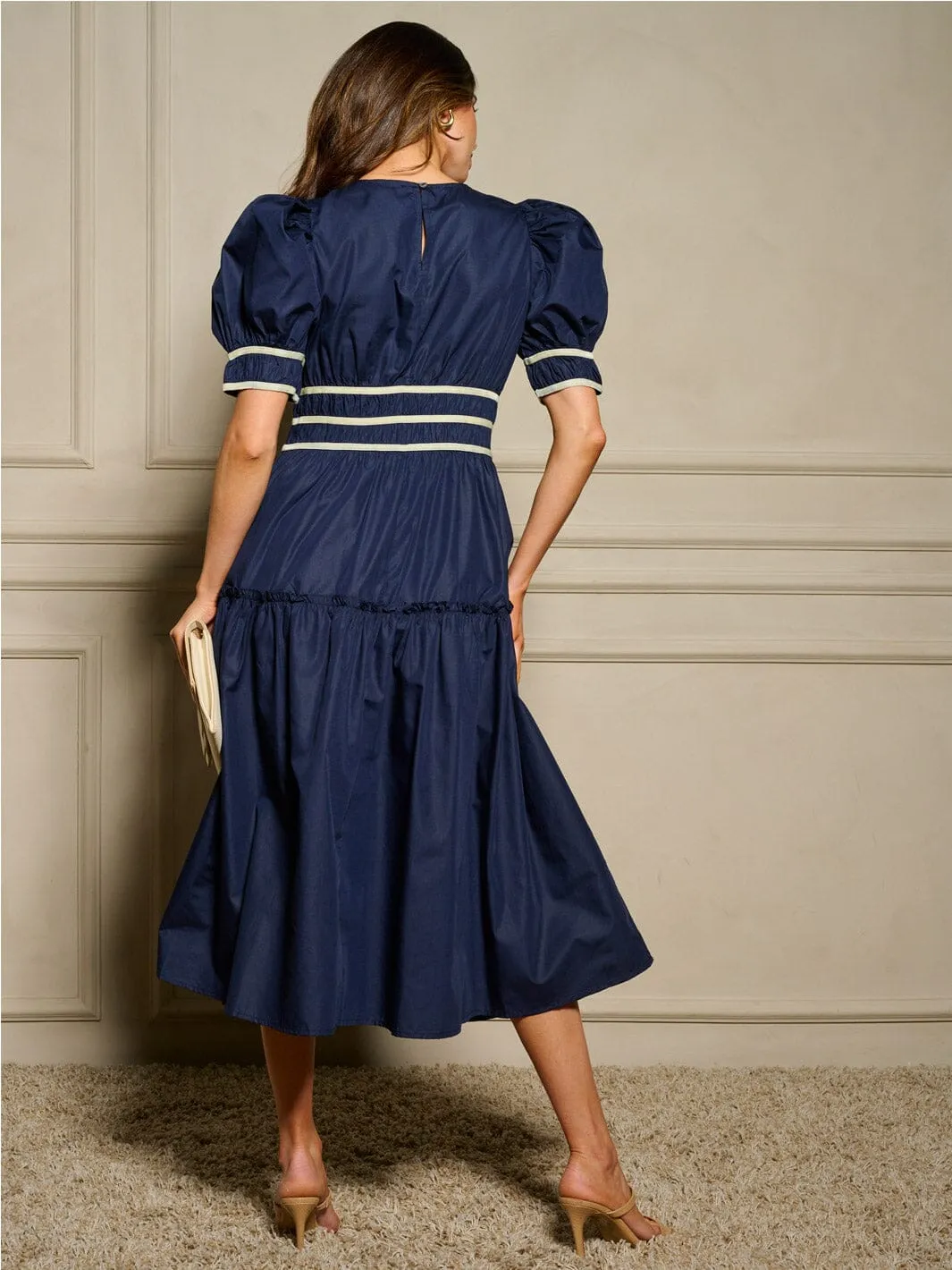 WOMEN'S SHORT PUFF SLEEVE FIT & FLARE MAXI DRESS