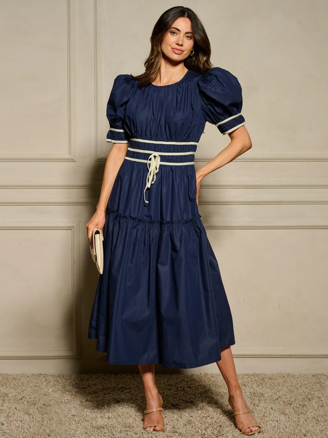 WOMEN'S SHORT PUFF SLEEVE FIT & FLARE MAXI DRESS